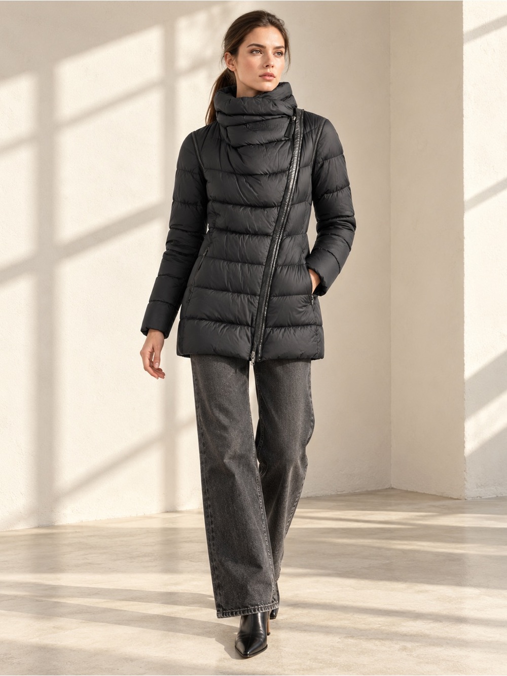 Mackage Black Convertible Down Puffer Vest Leather Trim Statement Collar Sz XXS